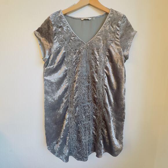 Soft Surroundings Gray Crushed Velvet Mini Dress Boho Winter Tunic Petite Large - Picture 2 of 9